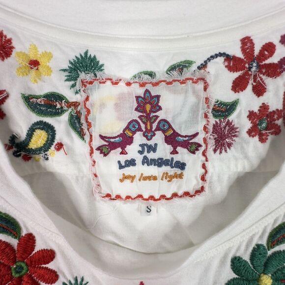 Johnny Was T-Shirt Floral Embroidered White S 100% Cotton Short Sleeve Boho Chic - Picture 10 of 13